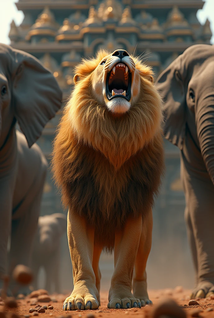 Lion seeing upward and roaring and standing near Kerala temple elephant