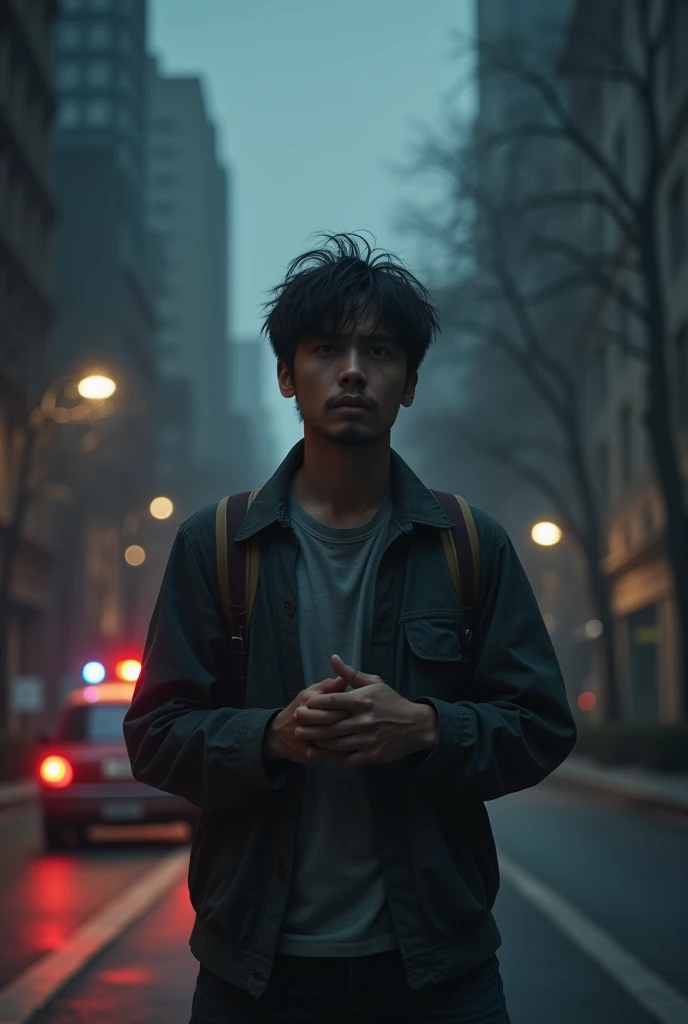 dark haired guy waiting for ambulance to arrive