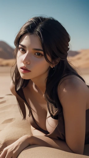Goddess Ishtar in the desert. Golden hour, shadow not dark, cinematic lighting, depth of field, bokeh, realism, photorealistic, hyperrealism, professional photography, 4k, 8k, 16k, uhd, dslr, hdr, female model's face in focus, from front, low view cowboy shot of female model, lying on the sand of the desert, wearing nothing with hair nude, with detailed definite face and eyes and eyebrows and nose and lips and mouth, with finely detailed eyes and face, with beautiful eyes and beautiful eyebrows, with big cleavage chest and big round breasts and big bouncy breast and small waist and wasp waist and wide hips and attractive thighs and detailed vulva and detailed groin. Ancient Mesopotamian ruin background, Desert background.