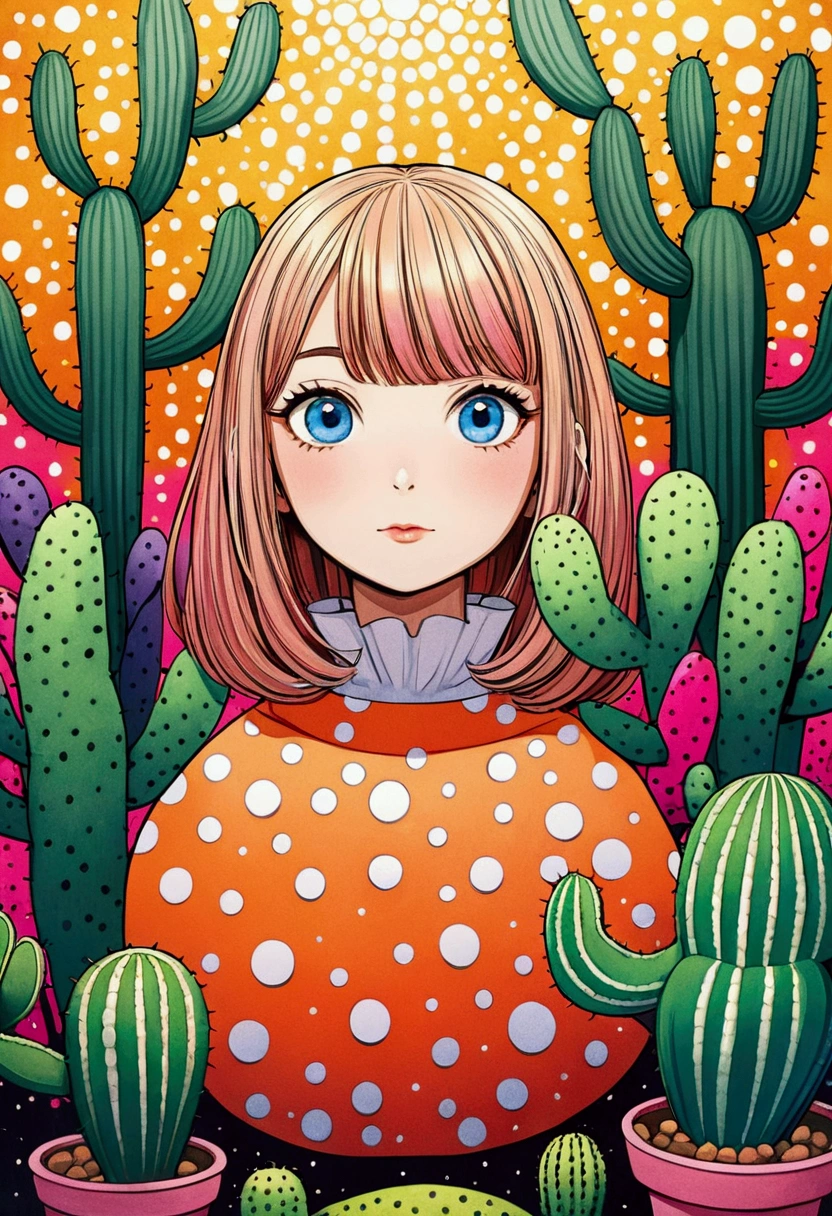 Yayoi Kusama style，An abstract painting，Coronavirus Plant，Pop Art，Dense dots author：Annabel Kidston, Saturated pointillism, cactus, inspired by Yayoi Kusama, inspired by Yayoi Kusama, inspired by：Annabel Kidston, By Pasitha Abad