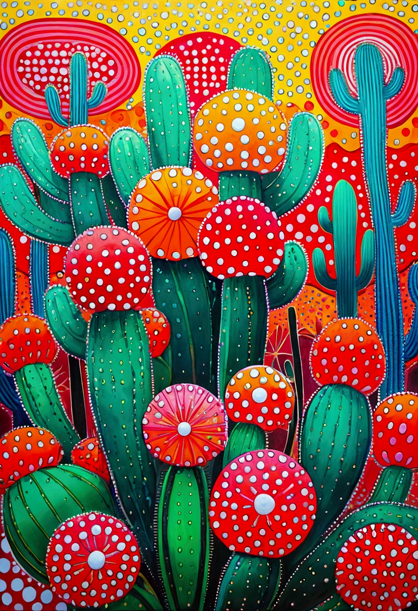 Yayoi Kusama style，An abstract painting，Coronavirus Plant，Pop Art，Dense dots author：Annabel Kidston, Saturated pointillism, cactus, inspired by Yayoi Kusama, inspired by Yayoi Kusama, inspired by：Annabel Kidston, By Pasitha Abad