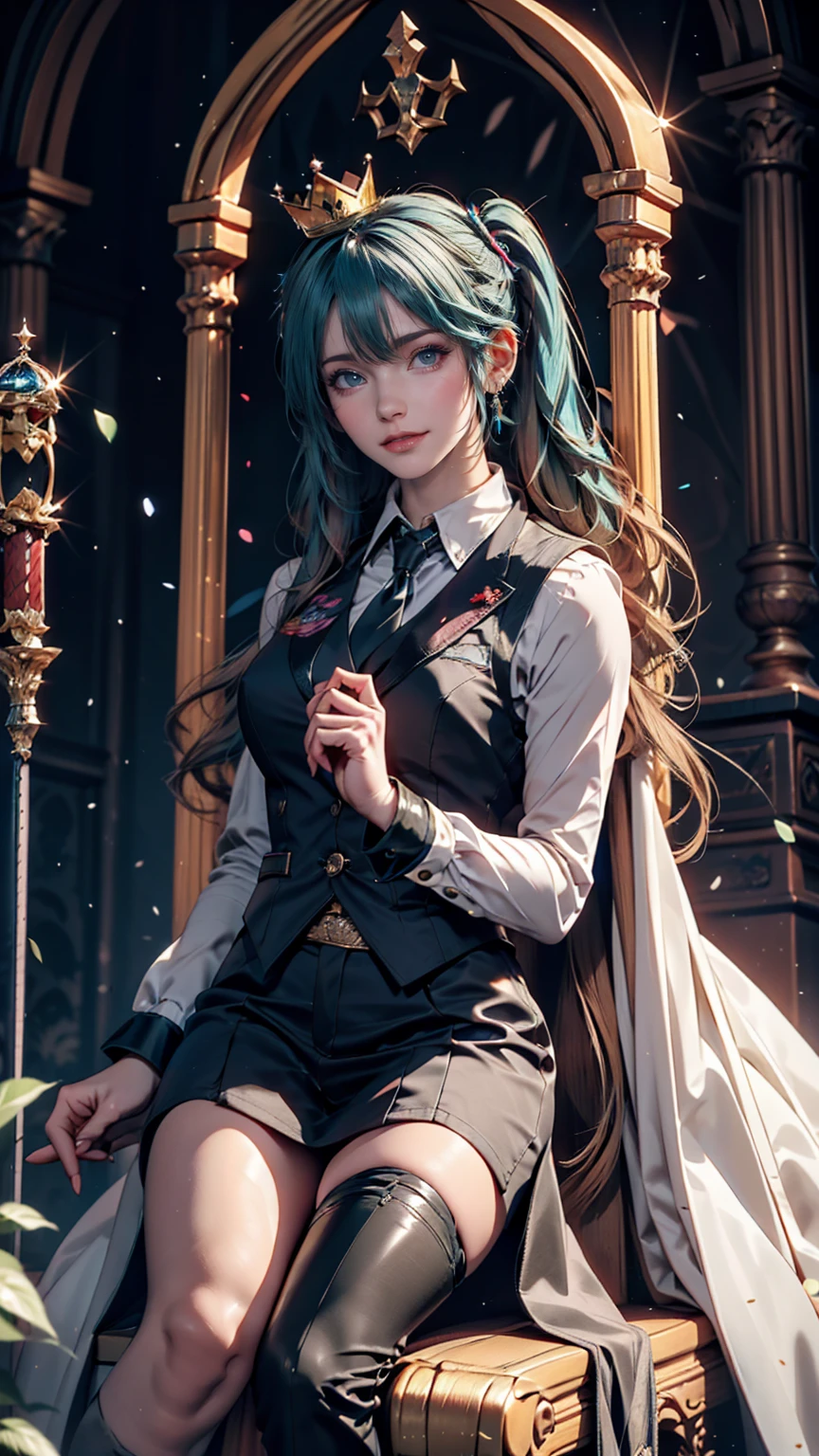 One girl, hatsune miku, Princess Costumes, Crown, Money, ((Throne)), Inside the castle, middle ages, Wearing a blue vest, Put one foot on the ground, The calf of the other leg is facing outward, hold the microphone with one hand, Put your other hand over your eye、Photo studio（lighting equipment、Horizon、Spotlight)