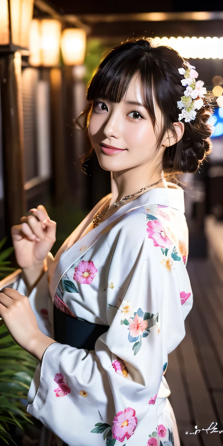 Highest quality、8k、32K、masterpiece、Hmph:1.2)、Cute Japanese Women Photos、Beaver、Upper body、Face Focus、White floral yukata、necklace、Japanese garden、night、night中、Dark Background、