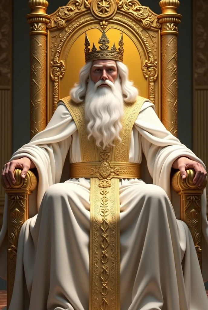 a young man with posture, powerful and majestic, with big white hair and a big white beard, facing the front, with large white robes, with a breastplate, with a golden belt and a large shining crown of gold on his head sitting and leaning on a large and exalted throne all of gold