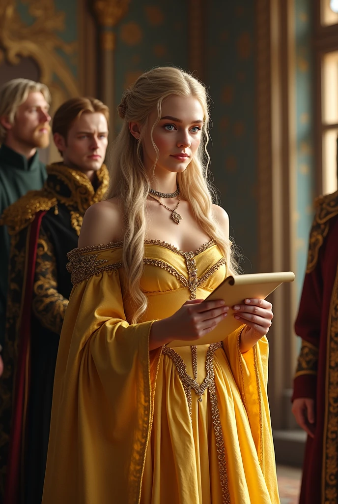 Create a young blonde haired, blue eyed Lannister woman in a grand golden dress reading a scroll alongside her royal escort 