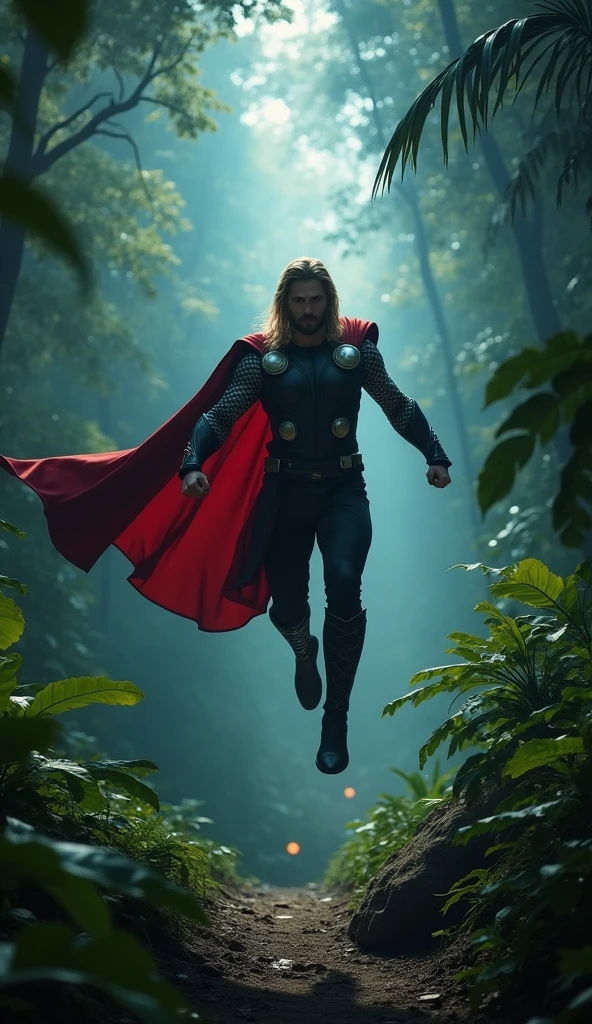 Thor flying in deep jungle, fantasy jungle with lights and tress, photorealistic, cinematic, dynamic pose
