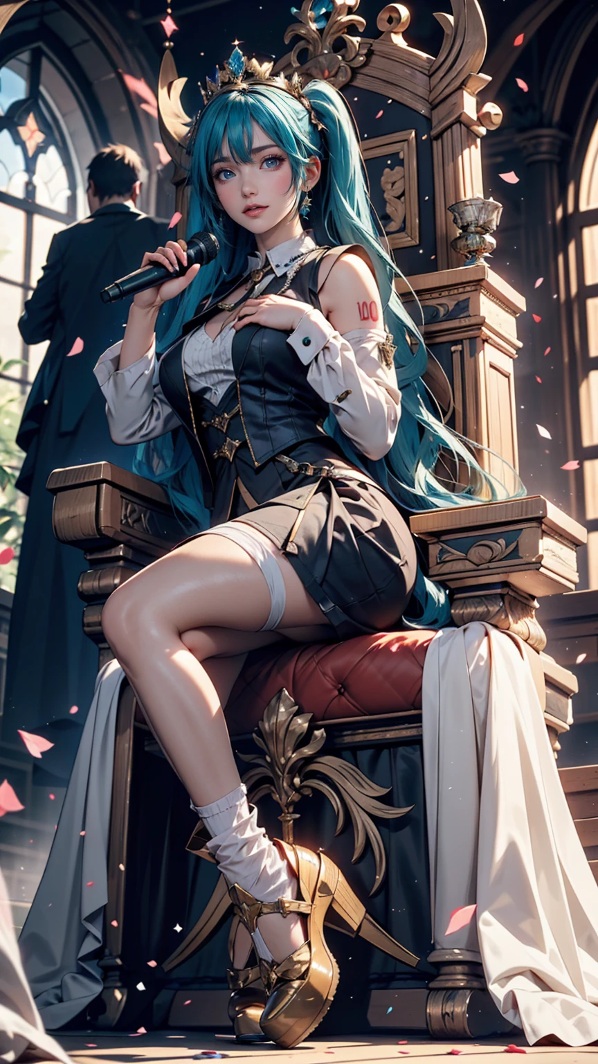 One girl, hatsune miku, Princess Costumes, Crown, Money, ((Throne)), Inside the castle, middle ages, Wearing a blue vest, Put one foot on the ground, The calf of the other leg is facing outward, hold the microphone with one hand, Put your other hand over your eye, White Background