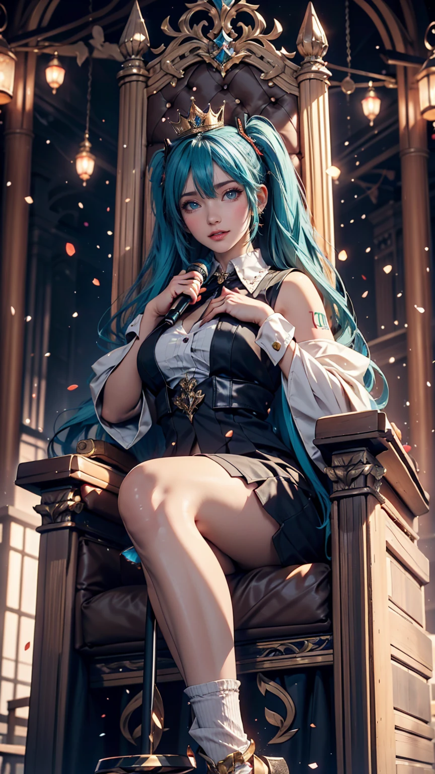 One girl, hatsune miku, Princess Costumes, Crown, Money, ((Throne)), Inside the castle, middle ages, Wearing a blue vest, Put one foot on the ground, The calf of the other leg is facing outward, hold the microphone with one hand, Put your other hand over your eye、Photo studio(lighting equipment、Horizon、Spotlight)