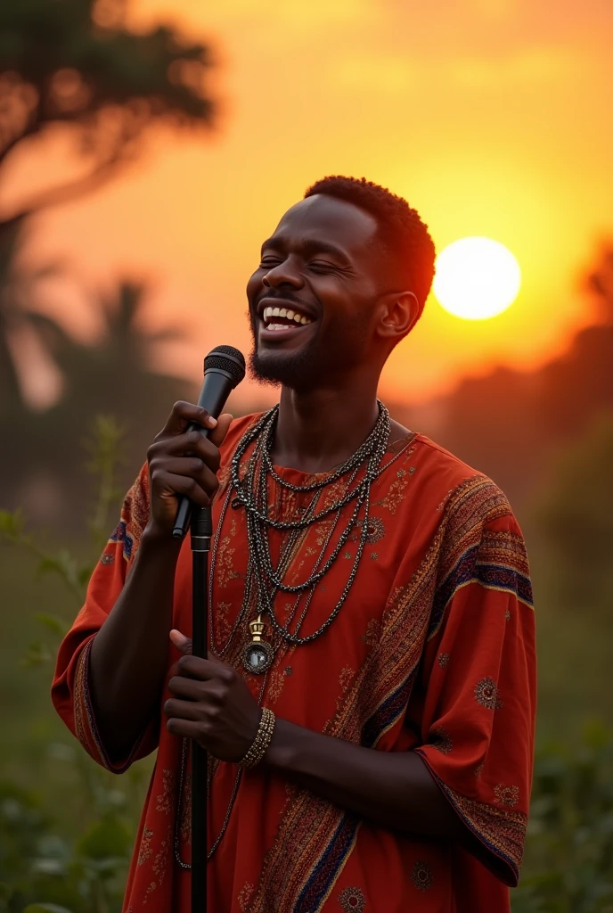 A charming African man, dark-skinned, with a captivating smile, dressed in a stylized traditional Mozambican outfit. He's in an outdoor setting, with a lush tropical landscape in the background. The man is holding a microphone, transmitting the energy of a vibrant performance. The sun is setting, creating a warm and welcoming environment, reflected in the orange and gold colors of the sky. The expression on his face conveys passion for music, capturing the vibrant and cultural spirit of Mozambique.