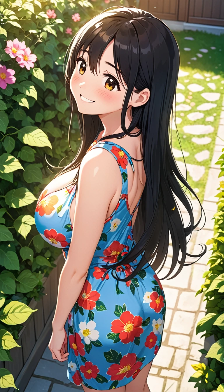 Girl,cute,cute,From above,Chest to head,Look up here,smile,Embarrassed,Straight Hair,Long Hair,Black Hair,morning,sunny,big breast photos,Light shines in,Waking up,Floral print dress,Are standing,garden,Put your hands behind your back,look back