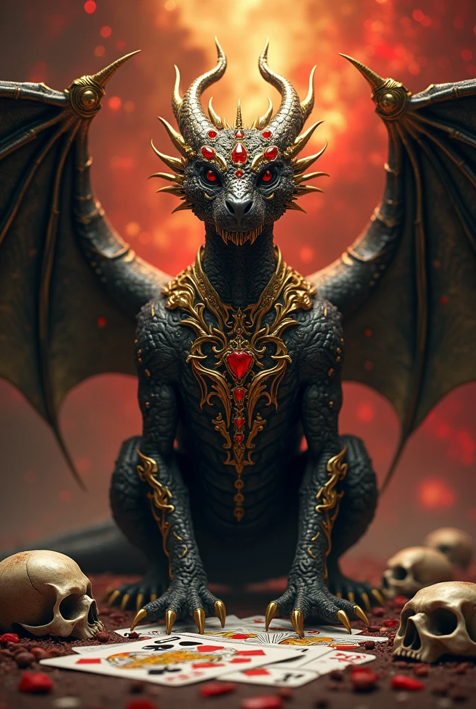 a black dragon, with golden scales, crown of gold and blood gems, poker cards, and skulls on the floor, behind a galaxy of red stars with gold 