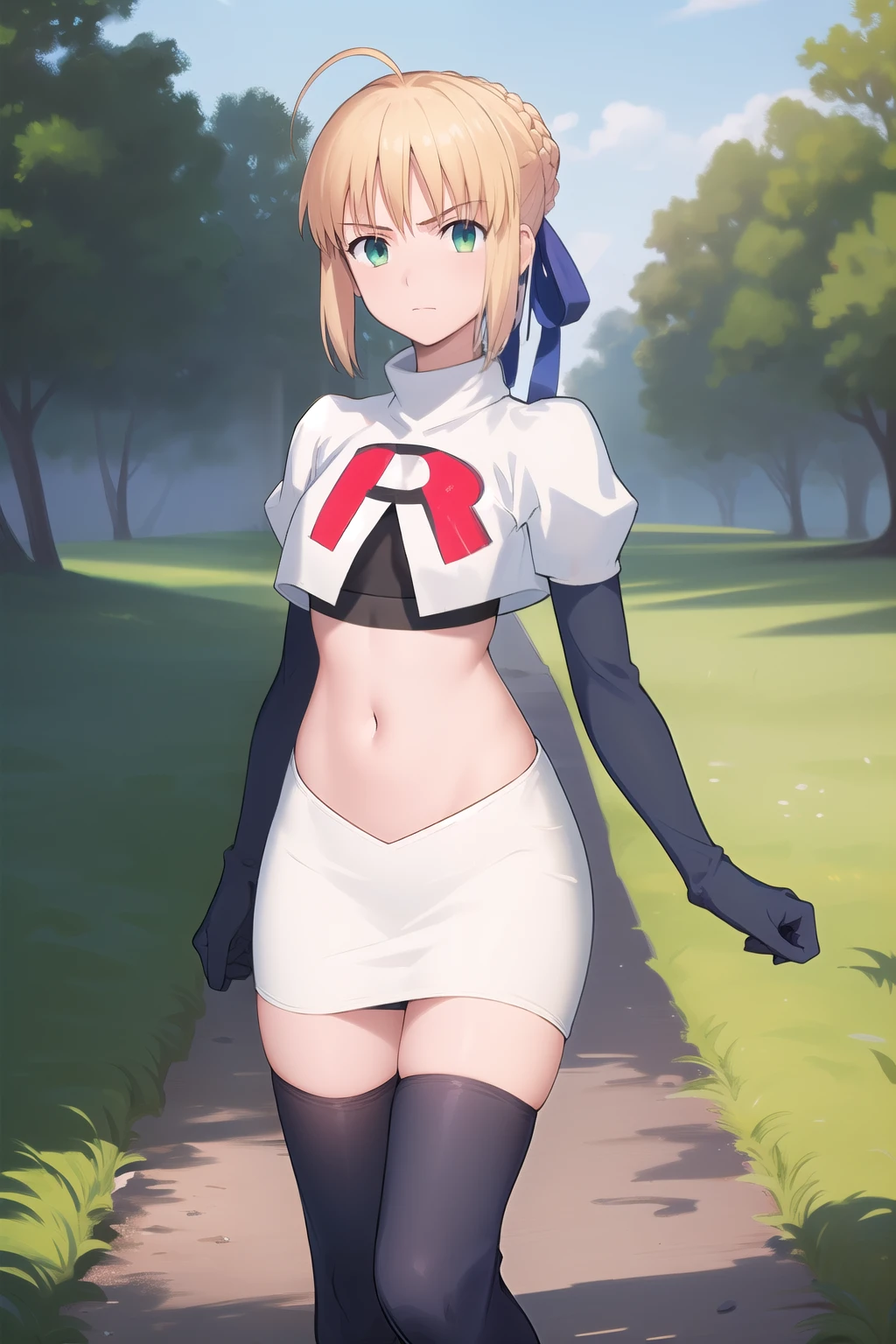 best quality, masterpiece, phSaber, phAltoria, 1girl, solo, blue ribbon, looking at viewer, french braid, hair bun, short hair, outdoors, team rocket,team rocket uniform,white skirt,red letter R,crop top,black thigh-highs,black elbow gloves