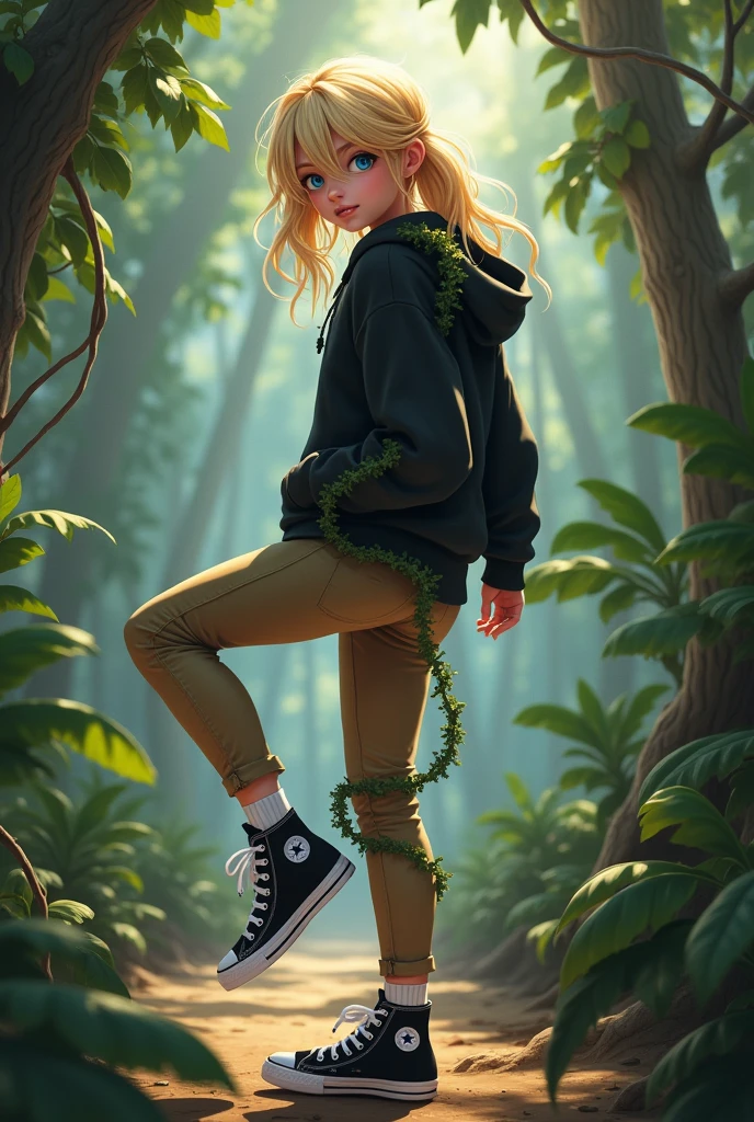 Realistic high school white girl, blonde hair, blue eyes, tight khaki pants, black high top converse shoes, black hoodie, white socks, one leg kicking in the air towards the camera, jungle background, full body, backside, butt, vines coiled around the girls thighs and legs.