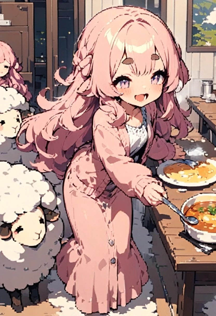 masterpiece, Highest quality, highres, super detail, uhd, 8k, Vivid, young woman, Sheep, smile, cute, Facing forward, Open your mouth, Fluffy hair, Long Hair, Hair like sheep's hair, Pink Hair, Thick eyebrows, Pink dress, Long skirt, Light blue cardigan, Brown shoes, ((indoor, table, Eating stew, White plate, spoon))