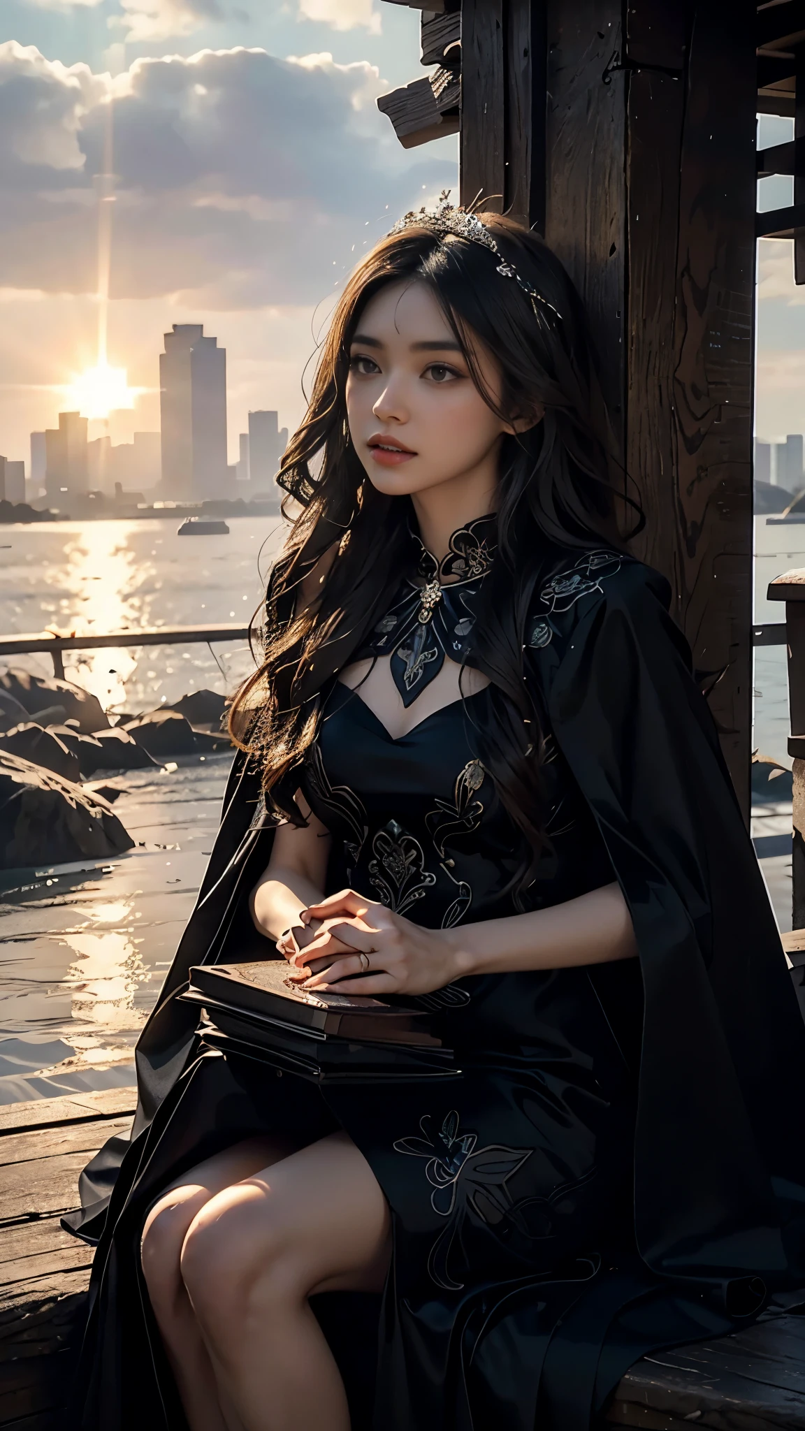 4K, UHD, Masterpiece, 1 girl, good face, detailed eyes, ((very long hair)), bridal hairstyle, butterfly on hair, ornaments, crystal ornaments, jwellery, block print dress, ((black dress)), very detailed dress, strap dress, flowing cape, mesh stocking, cinematic unreal scenery, legendary scenery, rainy weather, wet ground, depth of field, ray tracing, bloom, god rays, lens flare, sun flare, cinematic pose, sitting 