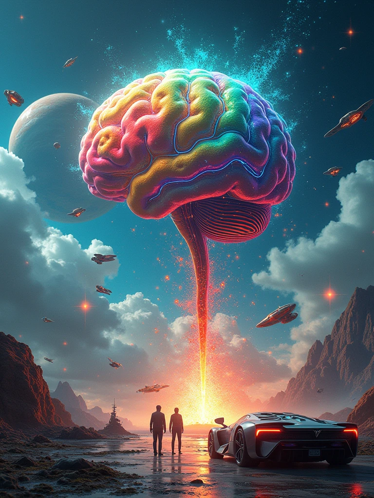 "human brain concept","big brain","with items around"explosion of great ideas",""knowledge explosion","futuristic brain","with hypnotic colors","azul vibrante","vibrant green","vibrant red","vibrant orange","lots of glow","with super cars","with futuristic planes","with curious items","with higtech devices","fundo futuristico","exus planets in the background","with text","Open your mind"