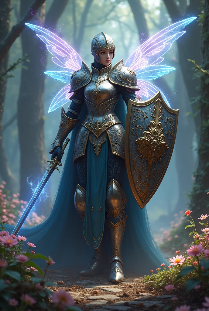 Create Fairy Knight, in full medieval costume armor with shield and long sword 