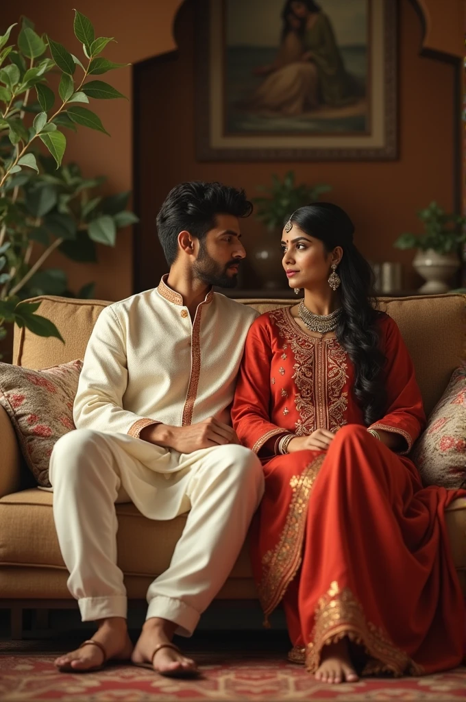 A man and women wiring kurta and siting on sofa