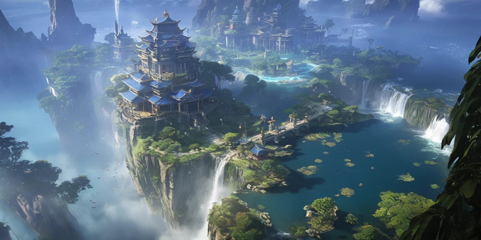 There is a small waterfall in the middle of an island, Game concept art, Final Fantasy Vll World Concept, 2. 5D CGI anime fantasy artwork, Concept World Art, Beautiful concept art, dota matte concept art, Concept Art Wallpaper 4K, conceptartworld, Matte Mystery Dota Pixar, Fantasy concept art, League of Legends concept art ,Ultra-high resolution (Fidelity: 1.4), Ultra-high quality, Extremely detailed CG unity 8k wallpaper, aesthetics, Award-winning photography, True high detail, Detail improvements, Remove blur, complex, The art of travel. Visually stunning. Beautiful city pixels, Blue Hour Photography, Spectacular clouds, Fantasy Clouds.