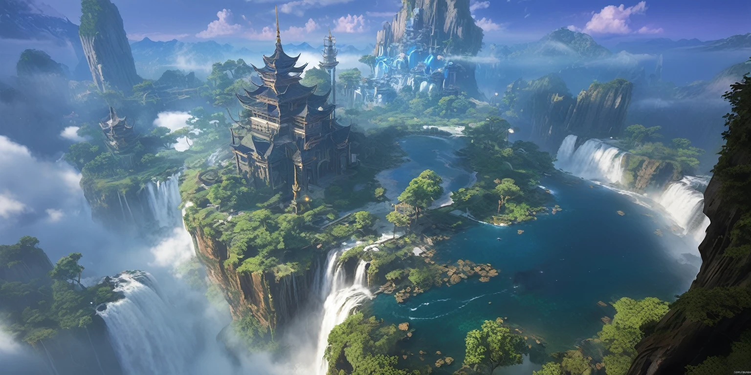 There is a small waterfall in the middle of an island, Game concept art, Final Fantasy Vll World Concept, 2. 5D CGI anime fantasy artwork, Concept World Art, Beautiful concept art, dota matte concept art, Concept Art Wallpaper 4K, conceptartworld, Matte Mystery Dota Pixar, Fantasy concept art, League of Legends concept art ,Ultra-high resolution (Fidelity: 1.4), Ultra-high quality, Extremely detailed CG unity 8k wallpaper, aesthetics, Award-winning photography, True high detail, Detail improvements, Remove blur, complex, The art of travel. Visually stunning. Beautiful city pixels, Blue Hour Photography, Spectacular clouds, Fantasy Clouds.