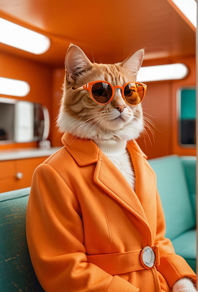 The best mobile wallpaper, Award-winning wallpaper, Portrait Photography, In front view is a portrait of a cute cat wearing 1960s mid-century space-age fashion, Side view shot, Shot with Canon EOS R5, Setting a stark contrast that accentuates the subject, Fluorescent orange shade, Wearing a very fashionable lounge coat and sunglasses are a hip 1960s style, Clothing all in one color, Beautiful background