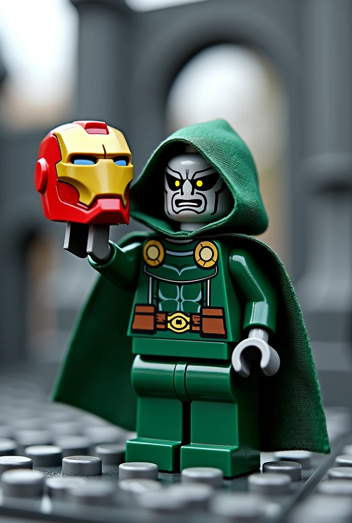 Dr. Doom, reimagined as a LEGO minifigure. He stands triumphantly amidst a backdrop of his LEGO-built castle, clutching a LEGO Iron Man helmet in his gauntleted hand. Focus on capturing the imposing presence of Dr. Doom, emphasizing his signature green cloak, silver mask, and the intricate detail of his LEGO armor. The Iron Man helmet, also constructed entirely of LEGO bricks, should appear slightly crushed and damaged, symbolizing Doom's victory over his nemesis.