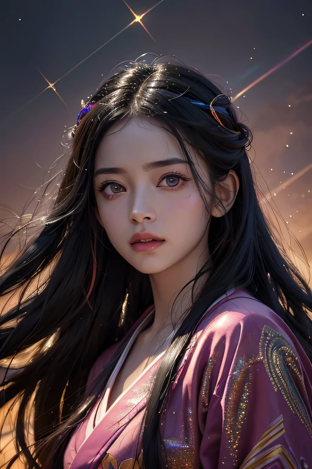 Nezuko from demon slayer. a young woman with long dark hair, beautiful detailed eyes, beautiful detailed lips, extremely detailed face, longeyelashes, wearing a pink kimono, (best quality,4k,8k,highres,masterpiece:1.2),ultra-detailed,(realistic,photorealistic,photo-realistic:1.37),digital painting,exquisite detail,intricate details,highly detailed,vivid colors,warm lighting,cinematic lighting,dramatic lighting, iridescence, dramatic angle, space, (floating colorful sparkles:1.3), Dramatic Lighting, Chiaroscuro, Evocative Depth. Portrait.