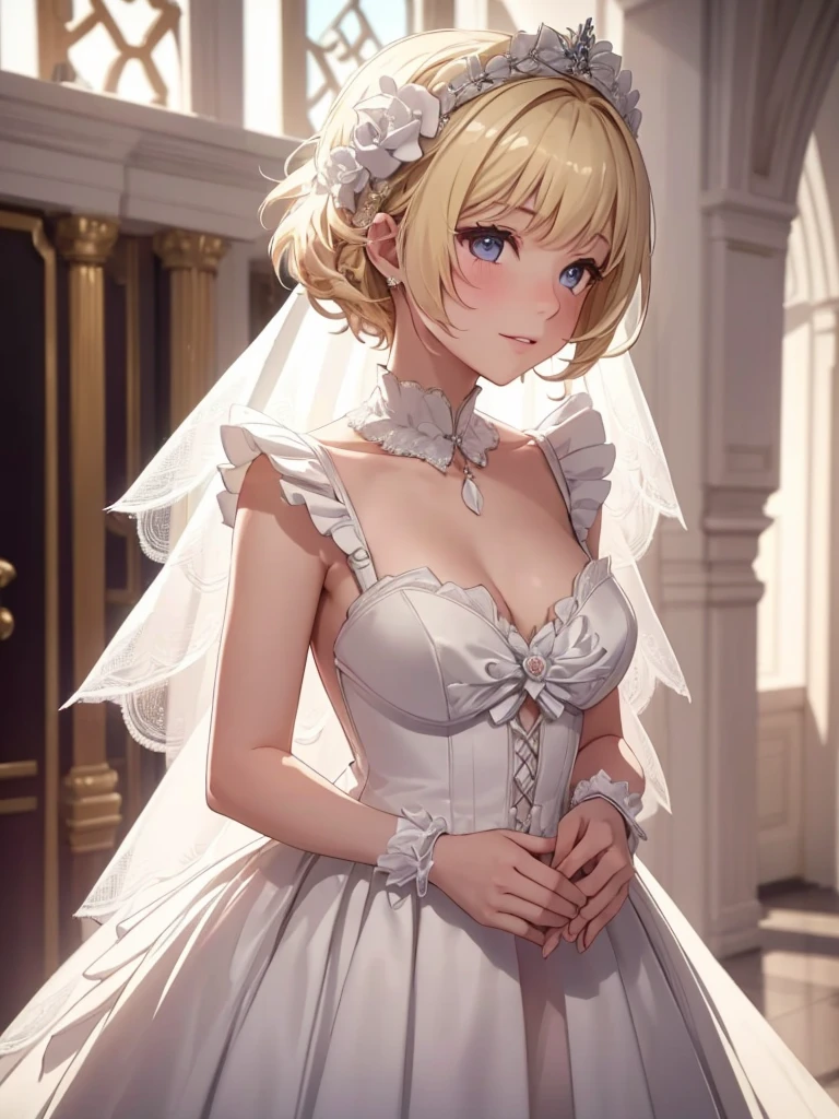 (Emilie), 1girl, as a bride, wearing a white colour wedding dress, at a wedding ceremony, blonde short hair, 8k, high detailed, high quality
