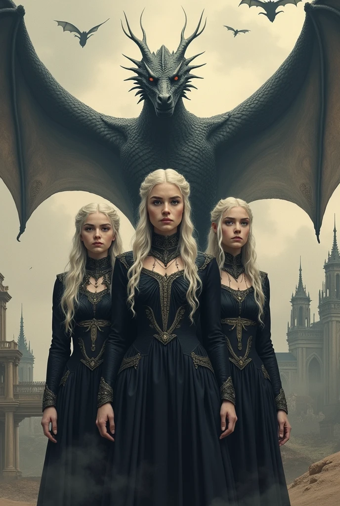 Dreamshaper gothic drawing of Daenerys Targaryen actresses along with Rhaenyra Targaryen and Rhaenys Targaryen in ancient glory Valyria, behind them the dragon Balerion the black terror and several dragons flying under the sky