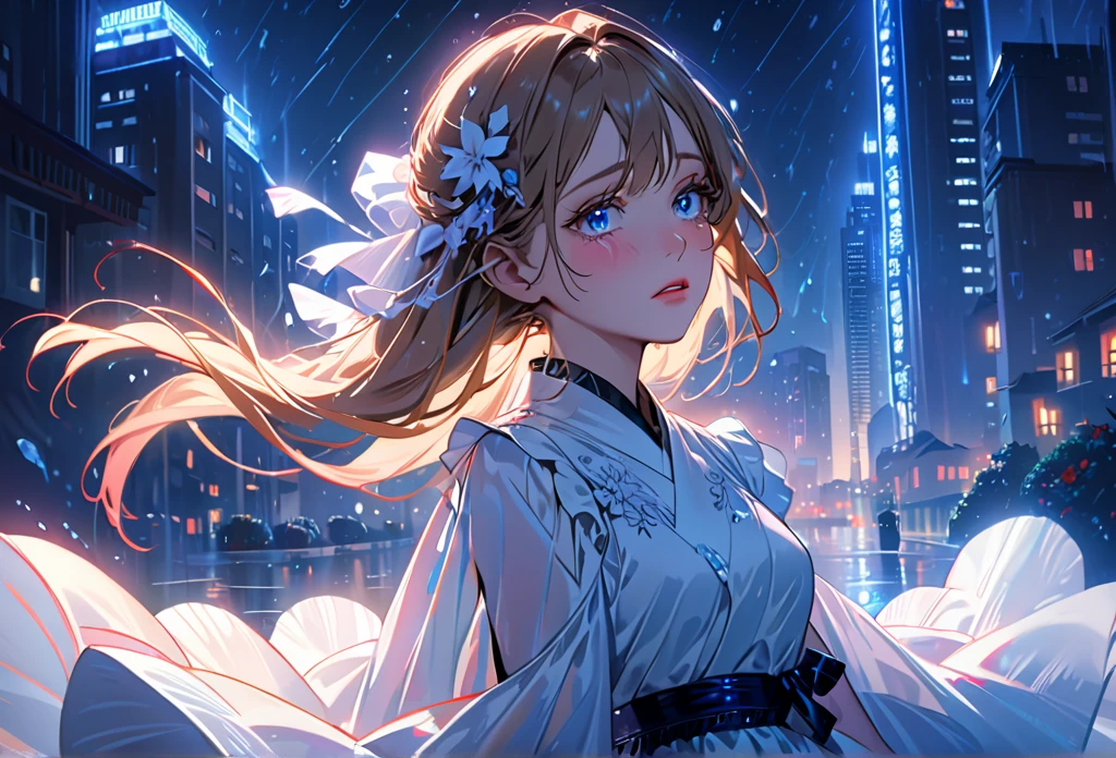 One Girl,City of night,Put your hands in your pockets,dance in the 雨,Highest quality, High resolution, Very detailed, Realistic:1.37, Close to cool colors,Desaturate, Portraiture, Soft lighting, Long eyelashes, Sparkling eyes, Glossy Lips, Detailed skin, White dress, ((Crying 1.2)), ((Tears:2.0),, ((Sad look:1.8)),, Dreamy atmosphere, Elegant pose, Sparkling Highlights, Perfect Skin, 8 One Piece, Long Hairstyles, Pink blush, Delicate features, Diamond-like eyes,((starry skies)),((intersection))((High rise residential buildings dark city silhouette background:2.0))、Are crying、Completely exhausted、Blonde、sob and cry、dreamy、Looking up at the sky