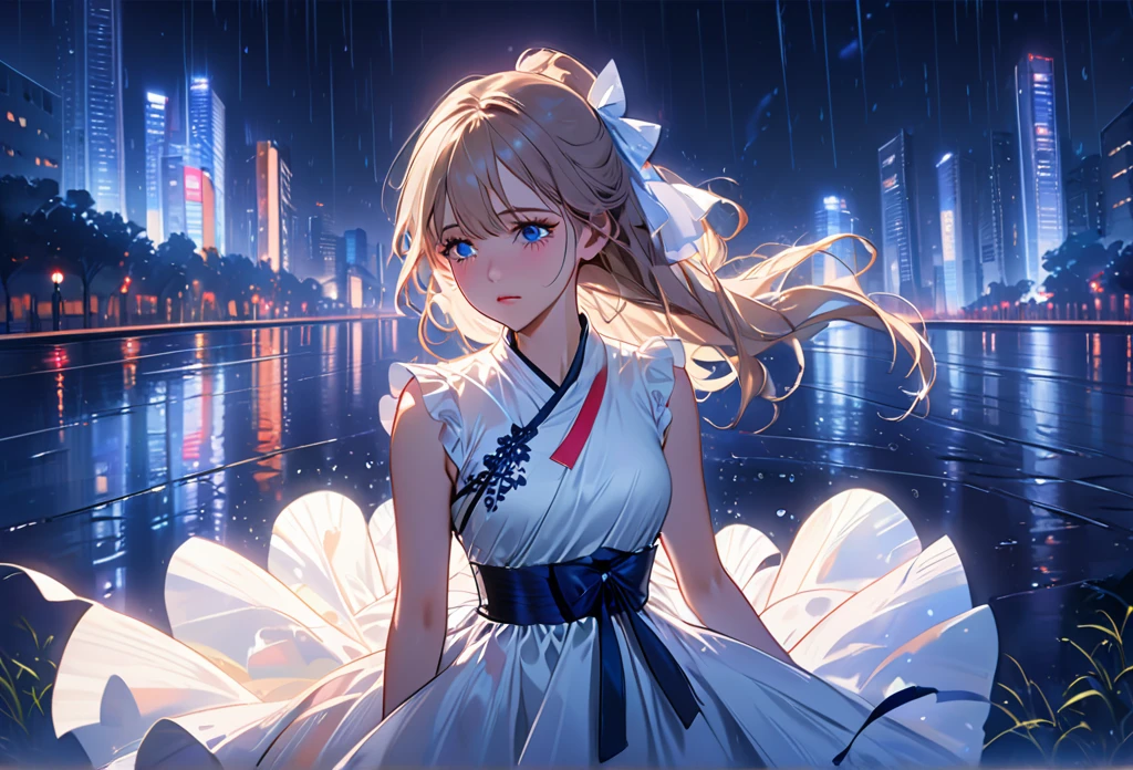 One Girl,City of night,Put your hands in your pockets,dance in the 雨,Highest quality, High resolution, Very detailed, Realistic:1.37, Close to cool colors,Desaturate, Portraiture, Soft lighting, Long eyelashes, Sparkling eyes, Glossy Lips, Detailed skin, White dress, ((Crying 1.2)), ((Tears:2.0),, ((Sad look:1.8)),, Dreamy atmosphere, Elegant pose, Sparkling Highlights, Perfect Skin, 8 One Piece, Long Hairstyles, Pink blush, Delicate features, Diamond-like eyes,((starry skies)),((intersection))((High rise residential buildings dark city silhouette background:2.0))、Are crying、Completely exhausted、Blonde、sob and cry、dreamy、Looking up at the sky