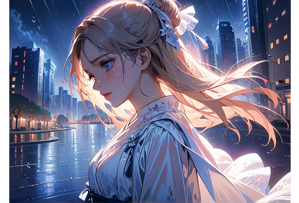 One Girl,City of night,Put your hands in your pockets,dance in the 雨,Highest quality, High resolution, Very detailed, Realistic:1.37, Close to cool colors,Desaturate, Portraiture, Soft lighting, Long eyelashes, Sparkling eyes, Glossy Lips, Detailed skin, White dress, ((Crying 1.2)), ((Tears:2.0),, ((Sad look:1.8)),, Dreamy atmosphere, Elegant pose, Sparkling Highlights, Perfect Skin, 8 One Piece, Long Hairstyles, Pink blush, Delicate features, Diamond-like eyes,((starry skies)),((intersection))((High rise residential buildings dark city silhouette background:2.0))、Are crying、Completely exhausted、Blonde、sob and cry、dreamy、Looking up at the sky