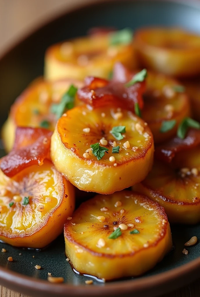 Make a post for Instagram that has to do with artisanal garlic plantains, salty and bacon