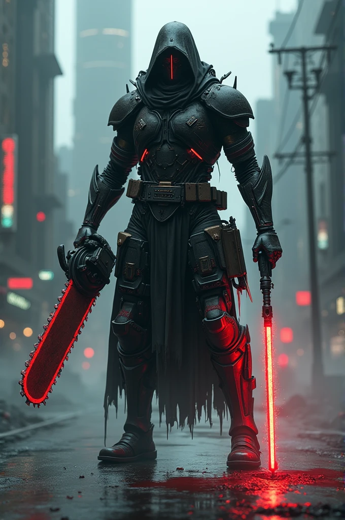 Dark_fantasy,cyberpunk,(chain saw,chain saw man,Red:1.1),1man,Mechanical marvel,Robotic presence,Cybernetic guardian,