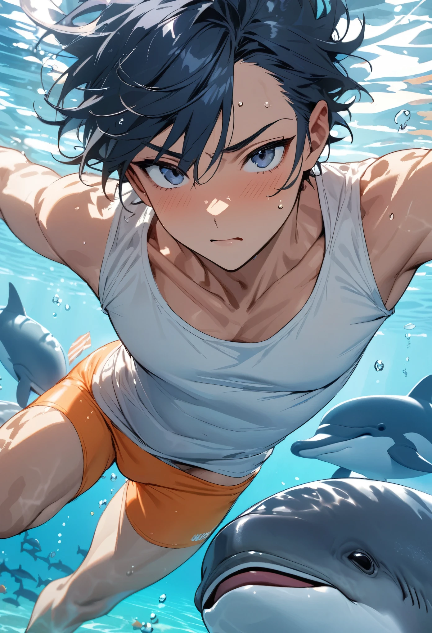 (masterpiece,high resolution,best quality,ultra detailed),1man,male_focus,great body,swimware,
 navy blue hair, spiked short hair,
BREAK
 white t-shirt,
BREAK
orange swimware,
 underwater, dolphins,