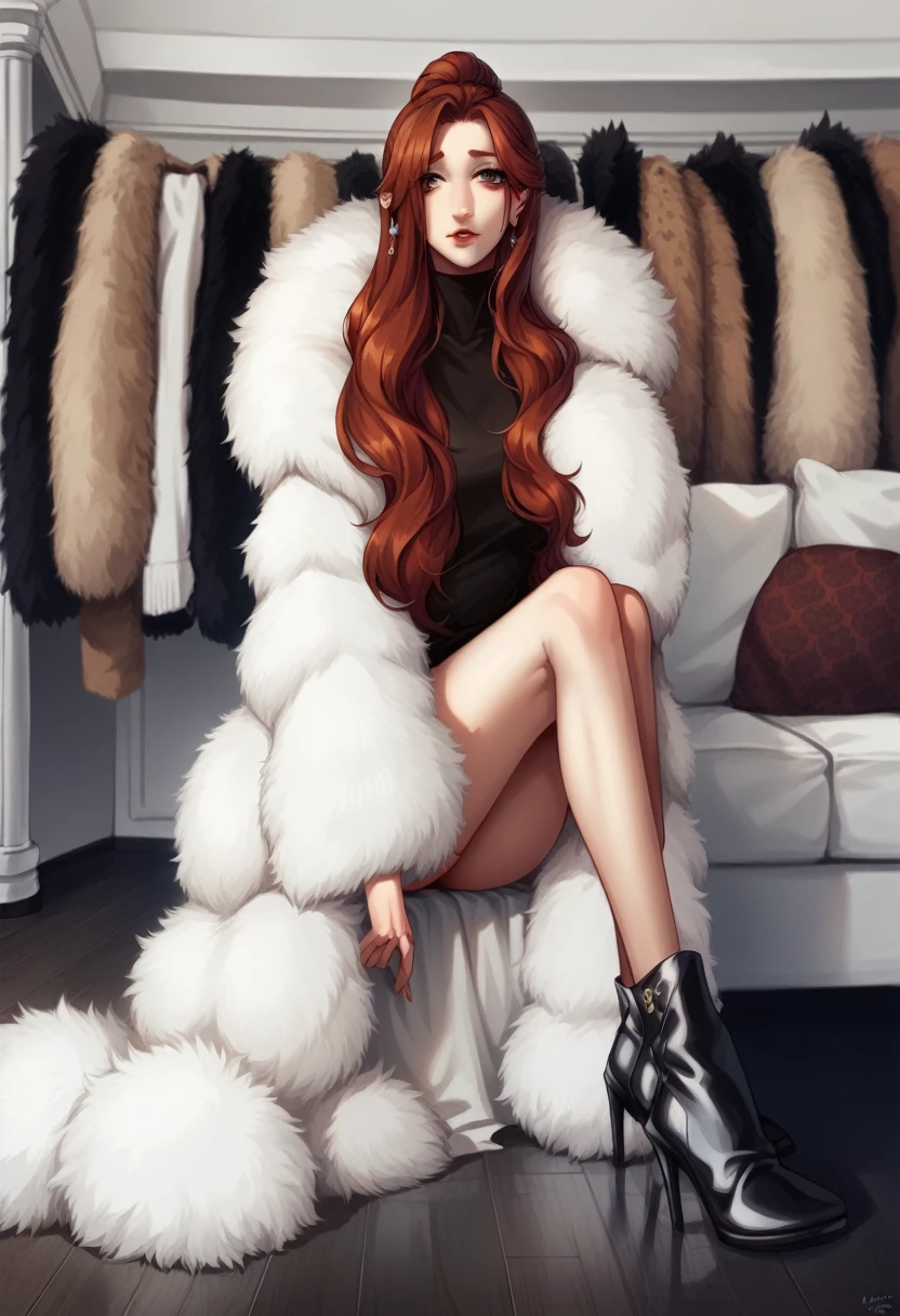 Arafed woman sitting on a couch in a fur coat, lots of fur, Wearing a luxurious fur coat, Ginger hair and fur, Fur clothing, rotes Fell, long fluffy fur, Langes Fell, white fur, wears a fur coat, fluffy fluffy fur, white fur and dark skin, Fell, wavy fur, with white fluffy fur, with long red hair, fluffy fur