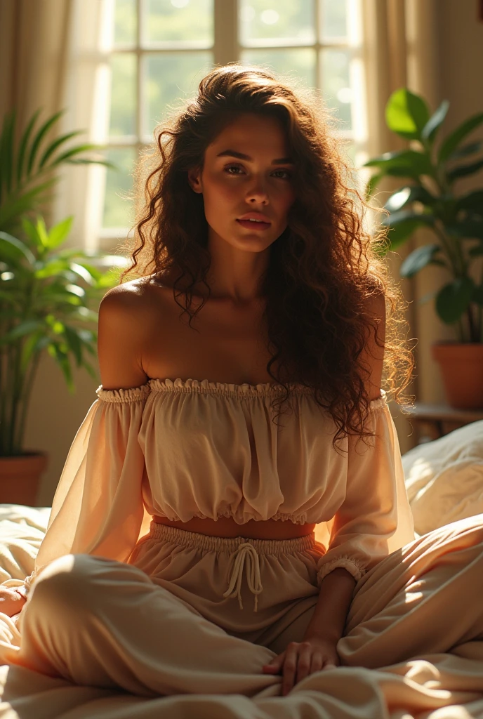 (photorealism:1.2), beautiful woman, sitting on bed, wearing loose off-shoulder top, pajama pants, long curly hair, indoors, soft lighting, plants in background, window with sunlight, cozy room, relaxed pose, realistic, intricate details, warm colors, by Greg Rutkowski, by Alphonse Mucha