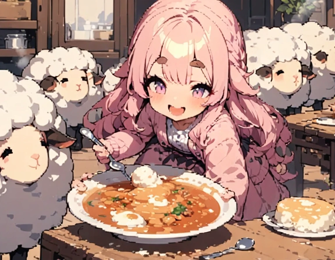 masterpiece, Highest quality, highres, super detail, uhd, 8k, Vivid, young woman, Sheep, smile, cute, Facing forward, Open your mouth, Fluffy hair, Long Hair, Hair like sheep's hair, Pink Hair, Thick eyebrows, Pink dress, Long skirt, Light blue cardigan, Brown shoes, ((indoor, table, Eating stew, White plate, spoon))