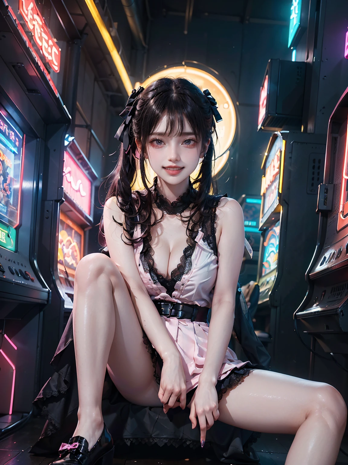 ((16K)),((masterpiece:1.3)), ((Highest quality)), ((Ultra-high resolution)), (Very detailed), (Realistic, photoRealistic:1.4), Perfect lighting,((Side light)), Surrealism,No makeup, Film Grain, chromatic aberration, Sharp focus, Face Light,((Beautiful detailsまでこだわった髪)),((Beautiful eyelashes)), Beautifully detailed face, ((Beautiful Hair)),Beautiful details, Beautiful clavicle, Beautiful body, Thin legs,Beautiful breasts, Beautiful legs, ((Detailed and carefully drawn hand)), Cleavage, Perfect Anatomy, Supermodel with a long neck,((Skinny1.3)),23 years old,Looking into the camera,(Perfect Anatomy,Anatomically correct, Very detailed肌), Glowing Skin,((pale skin)),((beautiful girl:1.1)),shiny hair,((two side up)),(Medium Hair:1.4, Straight Hair:1.2, Black Hair) ,((Hime cut:1.2)),Dainty facial structure,((Smiling happily and showing your teeth:1.5)),((her legs spread in M legs:1.4)), ((spread legs:1.5)),((From below)),(((wearing jirai fashion, shiny black satin, high neck, short dress with many ( black )frills))), ((pink Lace:1.5)), (((micro mini skirt, bow ribbon))), ((super large breasts)), ((see-through black thighhighs )),((Create a vibrant and detailed image of a neon-lit game center in Akihabara at night:1.5)),((The scene should feature a lively arcade filled with flashing lights from various arcade machines, with colorful neon signs and digital screens illuminating the room)),The atmosphere should be energetic, with crowds of people engaging in various games, The interior should have a mix of retro and modern gaming machines, with the neon signs casting a bright, multi-colored glow over the scene,((Arcade machines in Japan)), ((Arcade)),((The setting should feel both futuristic and nostalgic, capturing the essence of Tokyo's electric town))