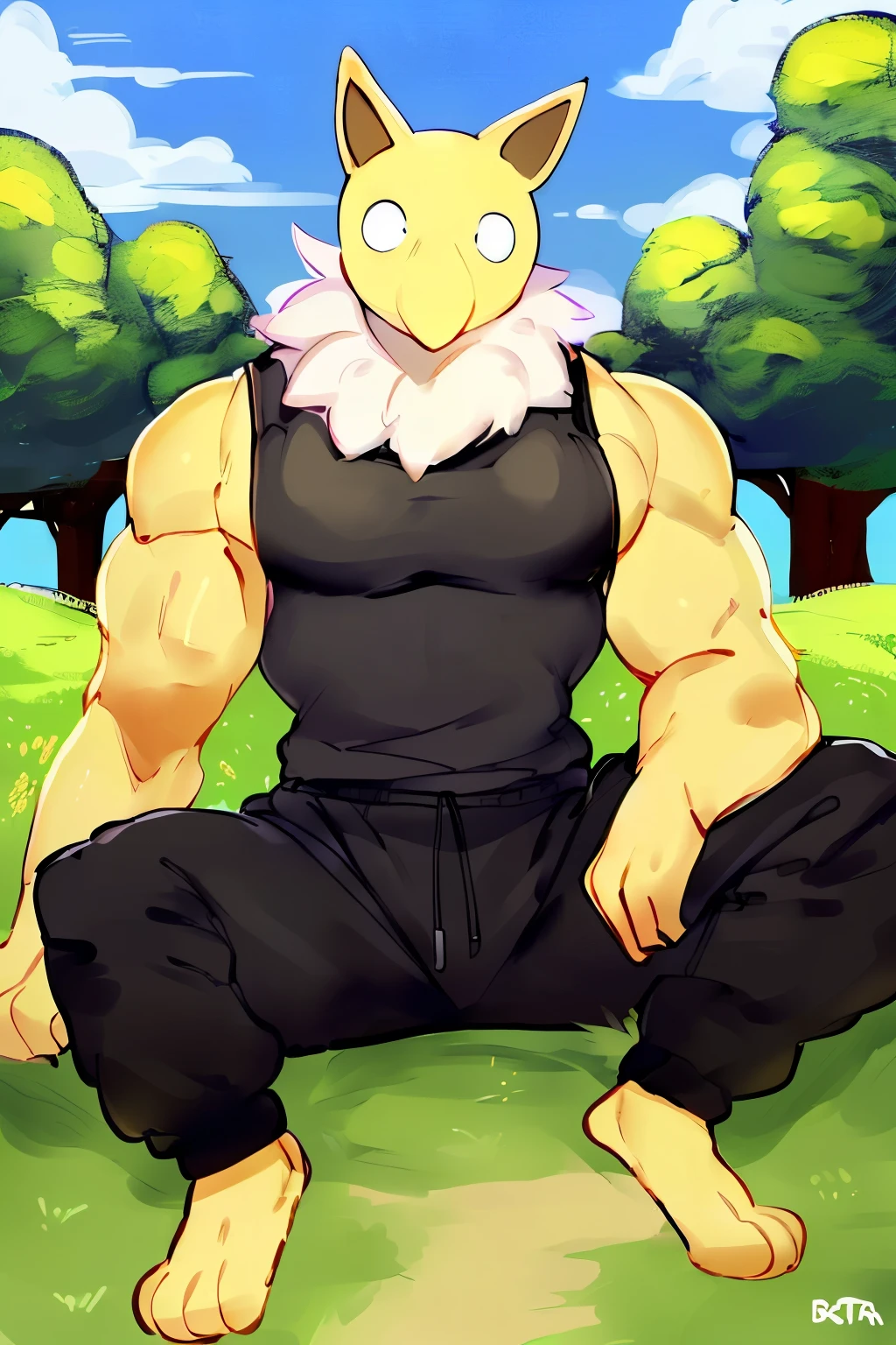 Furry, Anthro, solo, Hypno, Male, (((muscular body, massive thighs, massive male pectorals, fluffy neck, wearing white fur around neck, sitting, spread legs, legs apart, hand on knee, looking at viewer))), ((((massive biceps, yellow skin)))), ((((((massive bulky torso, wearing black tanktop, wearing black sweatpants, barefoot, wide-eyed, head tilted)))))), full body shot, side view, meadow, forest, clouds, sky, by buta99, by zackary911, by bebebebebe, (((digital painting)))