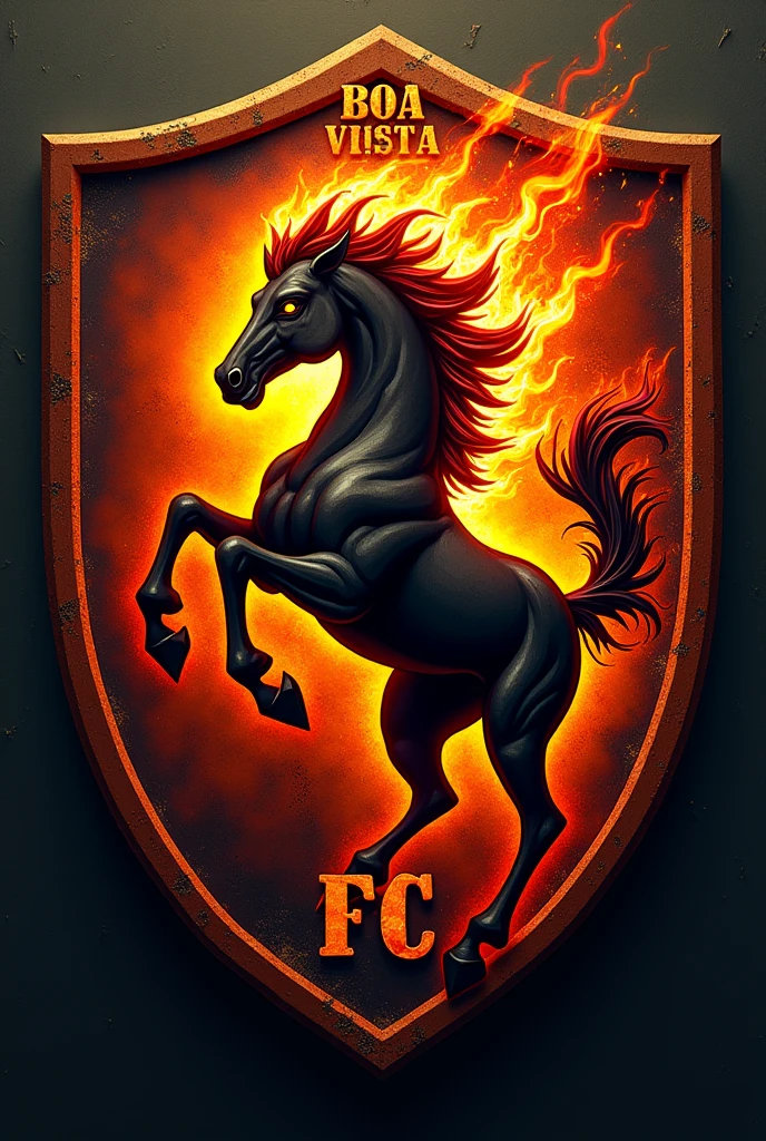 shield of a football team from a farm called Boa Vista with a devilish horse on fire, must have the name "Boa Vista FC" no shield