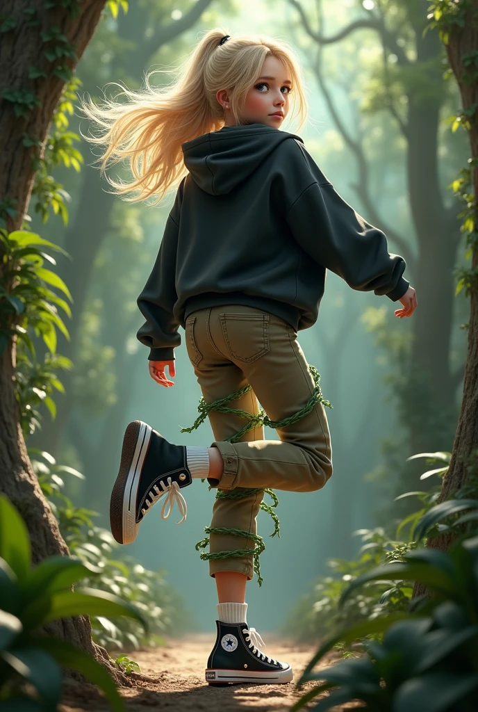 Realistic high school white girl, blonde hair, blue eyes, tight khaki pants, black high top converse shoes, black hoodie, white socks, one leg kicking in the air towards the camera, jungle background, full body, backside, butt, vines coiled around the girls legs.