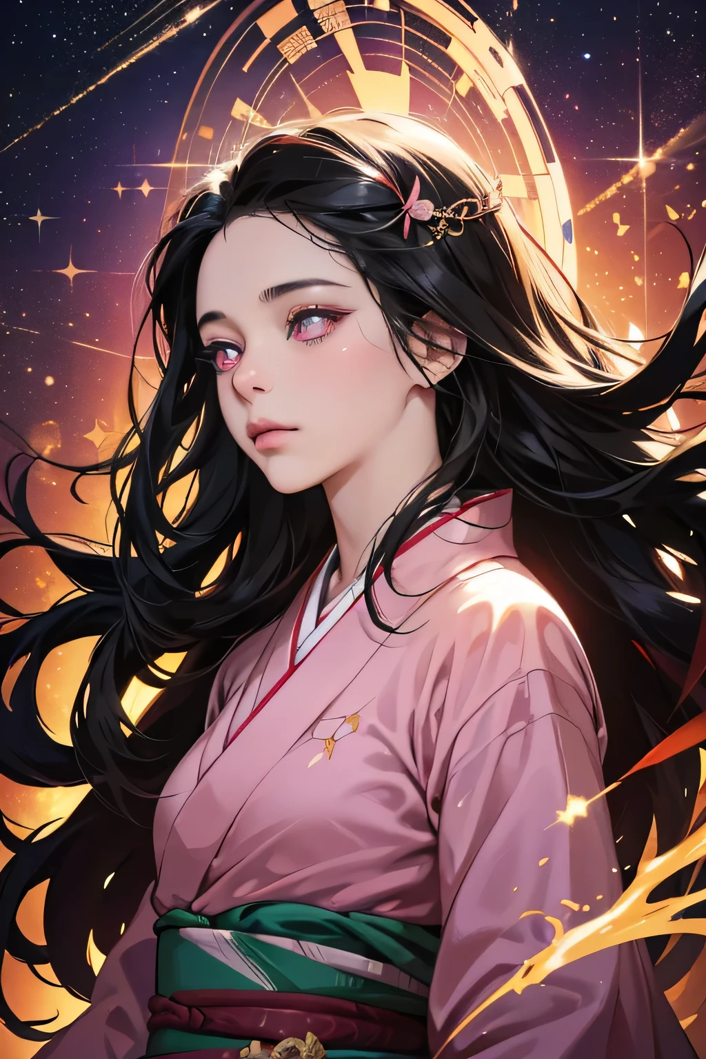 Nezuko from demon slayer. a young woman with long dark hair, beautiful detailed eyes, beautiful detailed lips, extremely detailed face, longeyelashes, wearing a pink kimono, (best quality,4k,8k,highres,masterpiece:1.2),ultra-detailed,(realistic,photorealistic,photo-realistic:1.37),digital painting,exquisite detail,intricate details,highly detailed,vivid colors,warm lighting,cinematic lighting,dramatic lighting, iridescence, dramatic angle, space, (floating colorful sparkles:1.3), Dramatic Lighting, Chiaroscuro, Evocative Depth. Portrait.