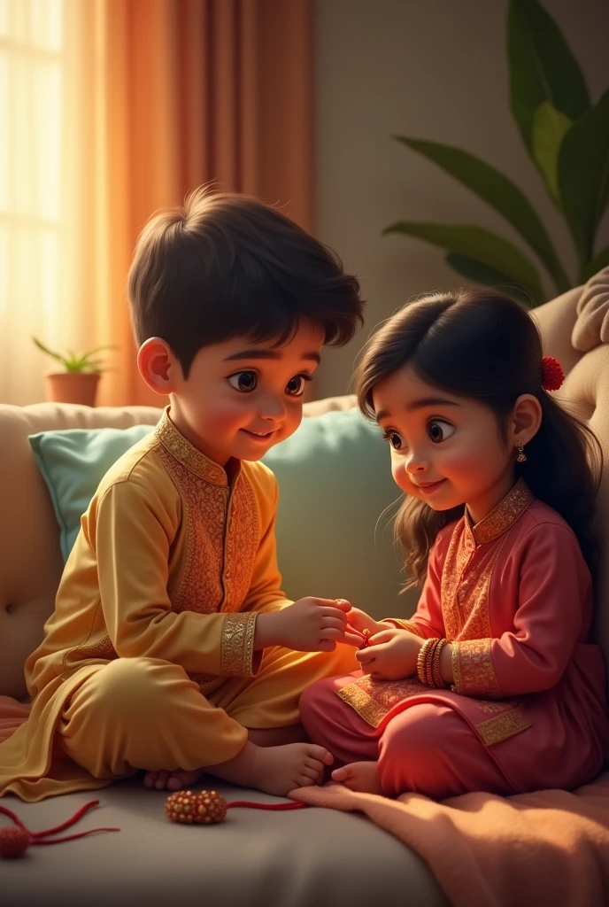 A brother and sister wiring kurta and siting on sofa about rakshabandhan