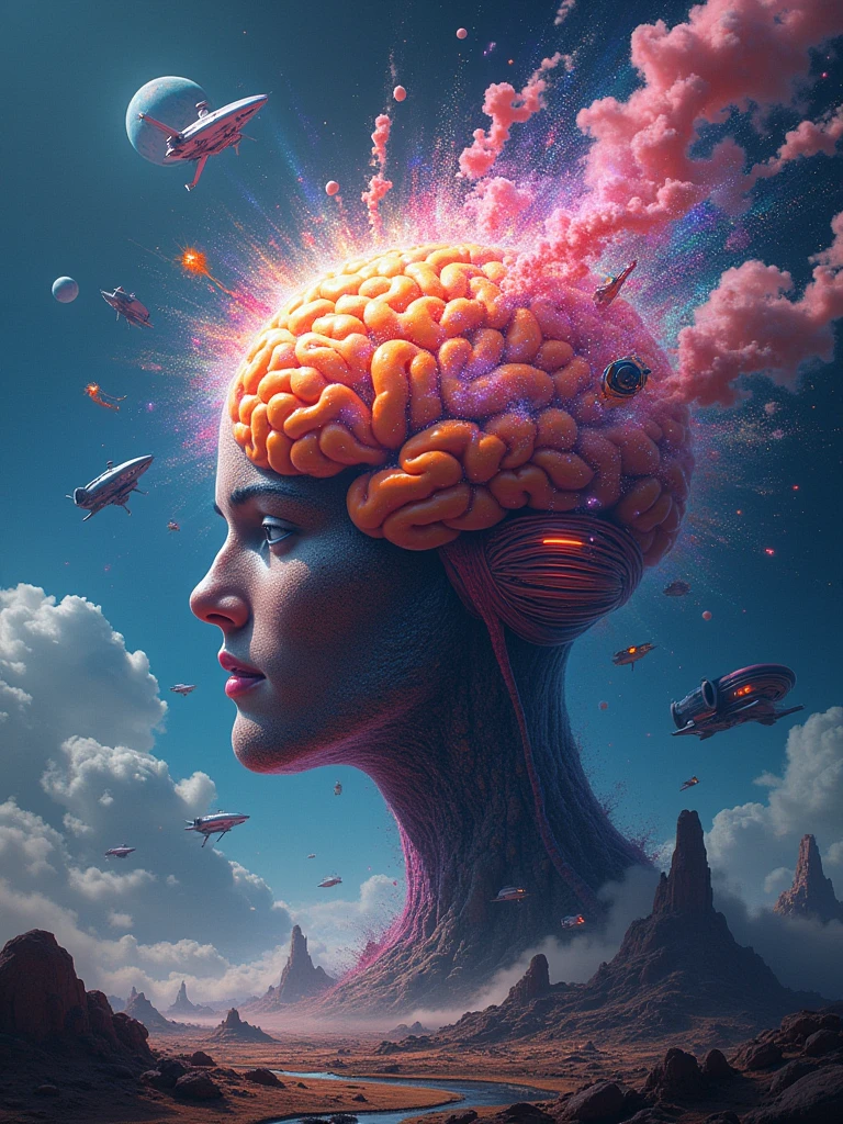 "human brain concept","explosion of great ideas",""knowledge explosion","futuristic brain","with hypnotic colors","azul vibrante","vibrant green","vibrant red","vibrant orange","lots of glow","with super cars coming out of the brain","with futuristic planes coming out of the brain","with curious items coming out of the brain","higtech devices coming out of the brain","fundo futuristico","exus planets in the background",