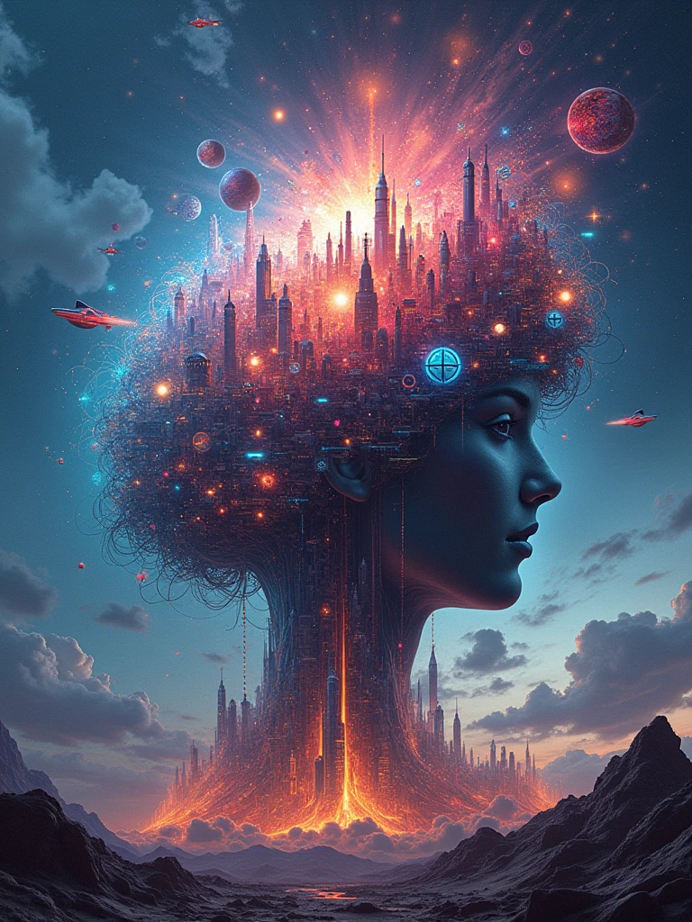 "human brain concept","big brain","with items around"explosion of great ideas",""knowledge explosion","futuristic brain","with hypnotic colors","azul vibrante","vibrant green","vibrant red","vibrant orange","lots of glow","with super cars","with futuristic planes","with curious items","with higtech devices","fundo futuristico","exus planets in the background","with text","Open your mind"