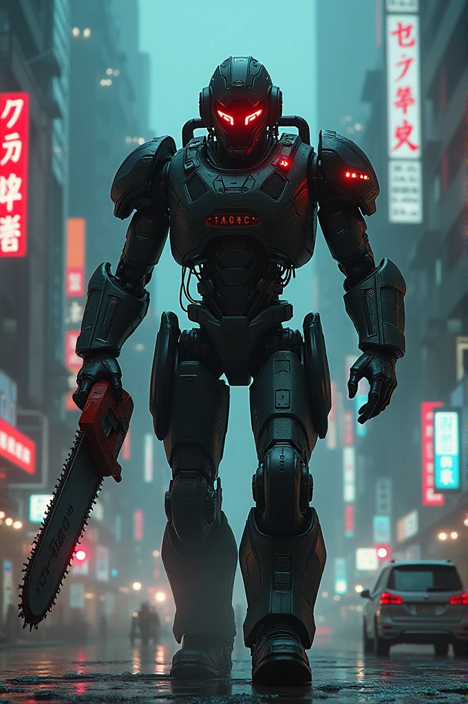 Dark_fantasy,cyberpunk,(chain saw,chain saw man,Red:1.1),1man,Mechanical marvel,Robotic presence,Cybernetic guardian,