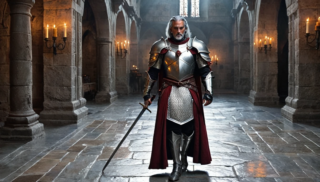 ((masterpiece, The silver armor is decorated with beautiful chainmail.,Gorgeous filigree armor, Detailed fantasy armor)), Inside a stone building, Stone slabs scattered on the floor, A muscular man in armor walking towards the front, dim, Gray Hair, Candles along the walls light up the room., Holding a large rapier, A beautiful dark red twisted rapier, Wearing a dirty cloak, Under his armor he wears a dirty dark crimson loincloth.,There are three small orange gems lined up on the chest., Beautiful metal with fine white detailing on the shoulders