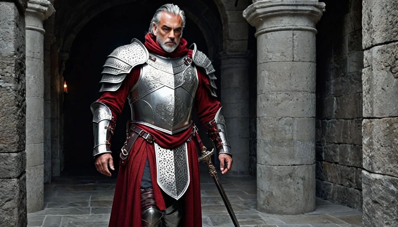 ((masterpiece, The silver armor is decorated with beautiful chainmail.,Gorgeous filigree armor, Detailed fantasy armor)), Inside a stone building, Stone slabs scattered on the floor, A muscular man in armor walking towards the front, dim, Gray Hair, Candles along the walls light up the room., Holding a large rapier, A beautiful dark red twisted rapier, Wearing a dirty cloak, Under his armor he wears a dirty dark crimson loincloth.,There are three small orange gems lined up on the chest., Beautiful metal with fine white detailing on the shoulders