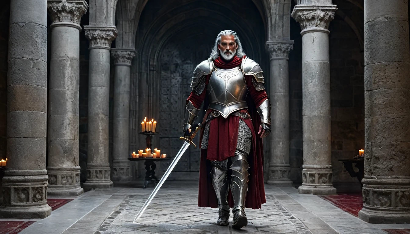 ((masterpiece, The silver armor is decorated with beautiful chainmail.,Gorgeous filigree armor, Detailed fantasy armor)), Inside a stone building, Stone slabs scattered on the floor, A muscular man in armor walking towards the front, dim, Gray Hair, Candles along the walls light up the room., Holding a large rapier, A beautiful dark red twisted rapier, Wearing a dirty cloak, Under his armor he wears a dirty dark crimson loincloth.,There are three small orange gems lined up on the chest., Beautiful metal with fine white detailing on the shoulders